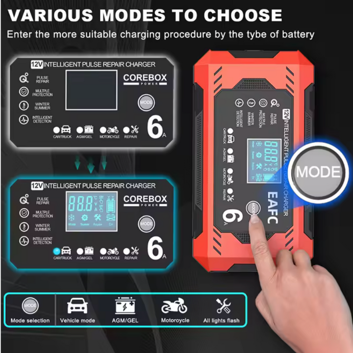 Intelligens Autós Akkumulátor Töltő 12V/24V - LCD Kijelző & Automatikus Védelem